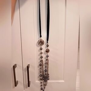 Dark Grey beaded ribbon necklace set